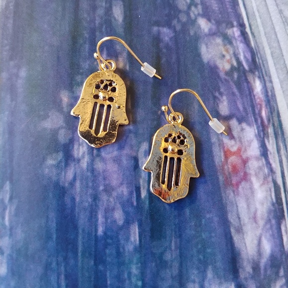 ❤NEW Gold Hamsa Hand Blue/Crystal Dangle Earrings - Picture 4 of 6